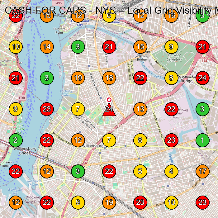 CASH FOR CARS - NYC Auto Broker GeoGrid ranking map for Brooklyn NY
